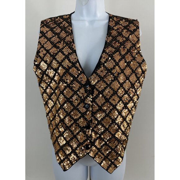 CREAZIONI EFFECI Vintage Gold/Black Sequin & Bead Button Close Vest Sz M - Picture 1 of 4